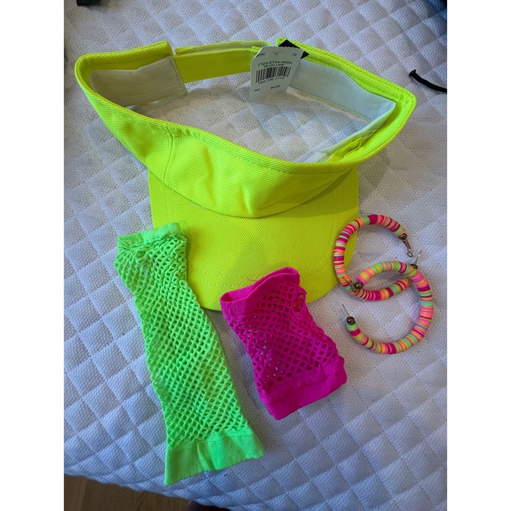 Neon 80s Costume Set Visor Fishnet Gloves Hoop Earrings Retro Party Accessories